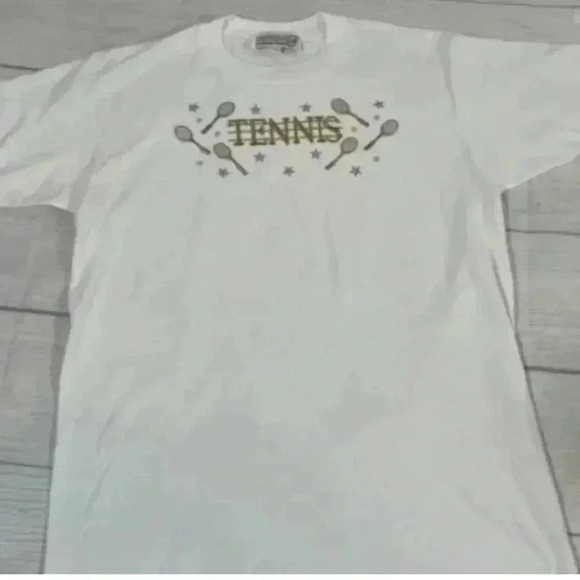 Vintage STUDZ Connection white Gold Tennis T shirt Top woman’s size L Embellish - Picture 8 of 13